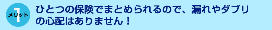 ひとつの保険でまとめられるので、漏れやダブリの心配はありません！